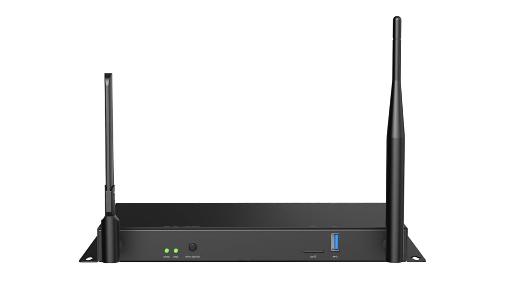 Black dual-antenna wireless router with a flat, rack-mountable base and front-panel LEDs.