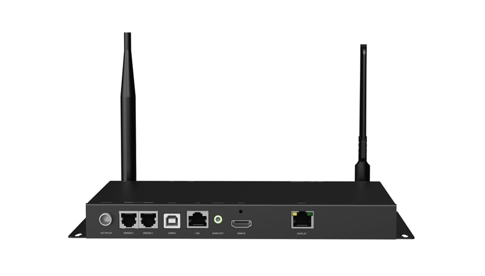 A40 2 - LED Display Module, LED Screen Controller and LED Video Processor Rack-mountable black wireless router with two external antennas and multiple back ports, used to manage a network.