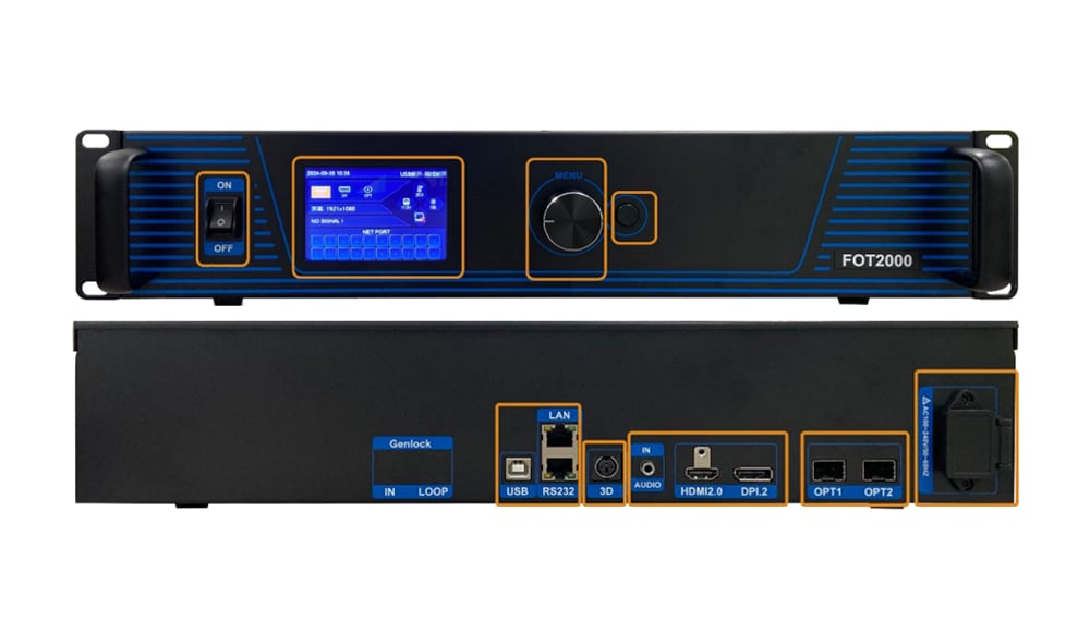 Front and back views of a rack-mount network appliance with a blue front panel, display, and control knob; labeled FOT2000 on the front panel.