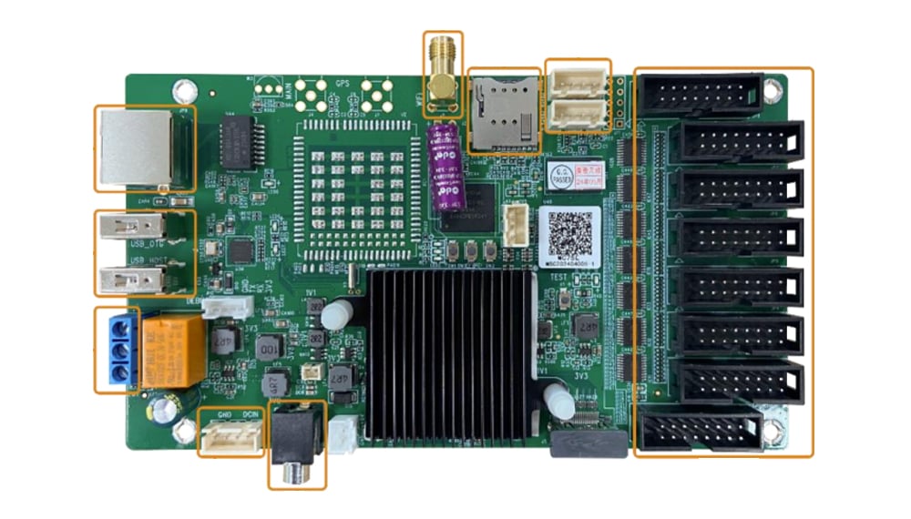 Green computer motherboard with a large central heatsink and multiple connectors highlighted in orange, including USB ports and expansion slots.