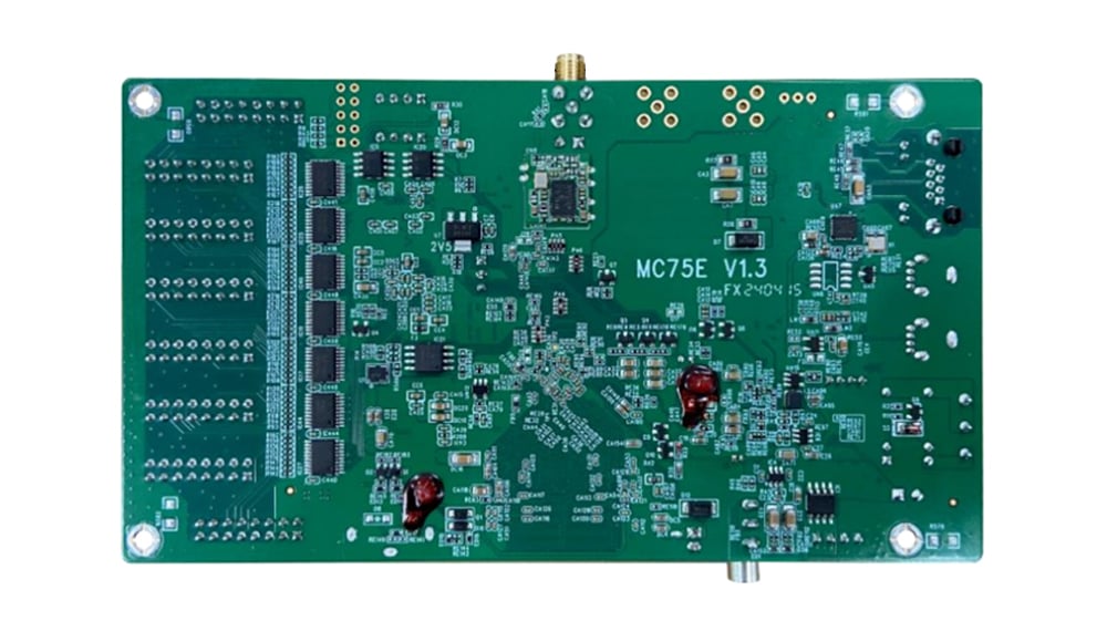 MC75E 2 - LED Display Module, LED Screen Controller and LED Video Processor Top view of a dense green printed circuit board (PCB) with multiple chips, resistors, and two red LEDs (MC75E V1.3).
