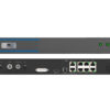 Front and back of a 1U rack-mount network appliance: front with power switch and LEDs; back with eight Ethernet ports, USB, console, and power inlet.