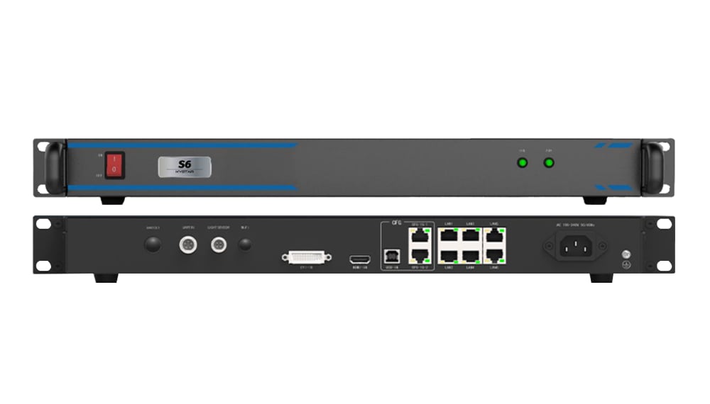 Front and back of a 1U rack-mount network appliance: front with power switch and LEDs; back with eight Ethernet ports, USB, console, and power inlet.