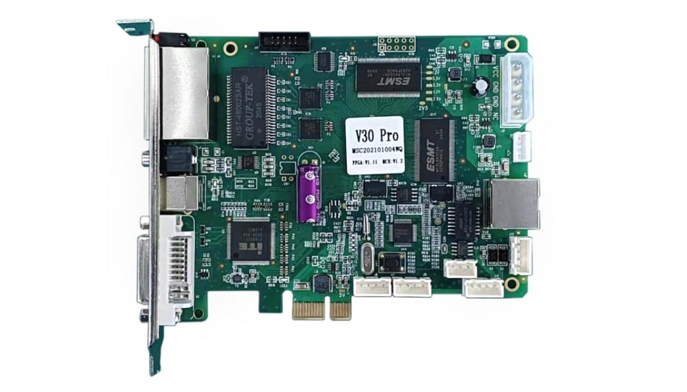 V30 Pro PCIe expansion card with edge connector and metal I/O bracket visible on a green PCB