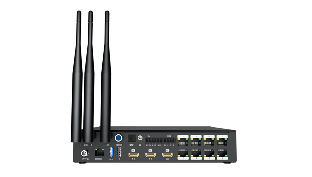AX08 2 - LED Display Module, LED Screen Controller and LED Video Processor Network router with three external antennas and multiple ports on a dark front panel front view.