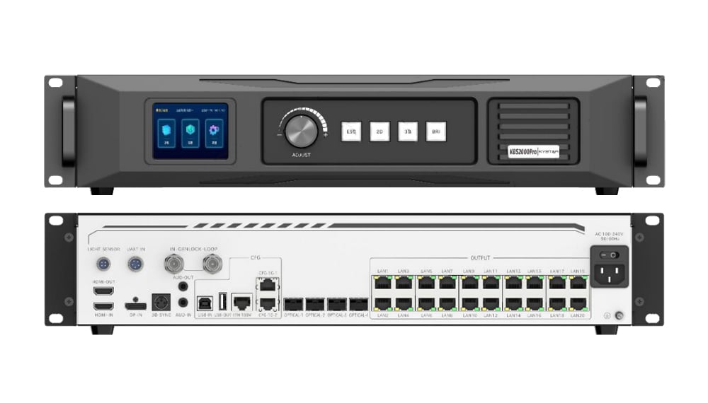 Rack‑mount network device with a front panel featuring a rotary knob, display, and buttons; back panel has sixteen LAN ports and a power connector.