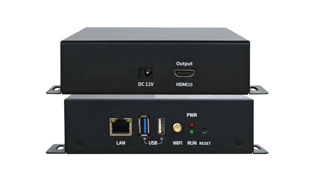 两个堆叠的黑色网络设备，前面板显示 LAN 和 USB 端口、Wi-Fi 指示灯和 RUN/RESET LED；上面的设备标有 DC 12V 和 HDMI 输出。