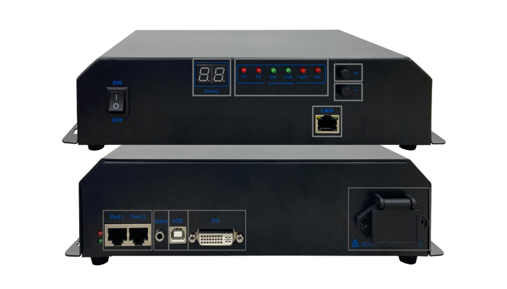 MTB200S - LED Display Module, LED Screen Controller and LED Video Processor Two black rack‑mount network devices stacked, showing a front panel with a numeric display and status LEDs; rear panel includes Port1/Port2, Audio, USB, DVI, LAN, and a power input.