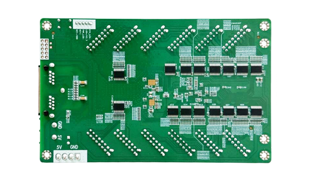 NV7512 2 - LED Display Module, LED Screen Controller and LED Video Processor Green printed circuit board (PCB) viewed from the back, with numerous solder pads, test points, and edge connectors labeled 5V and GND on the left side.