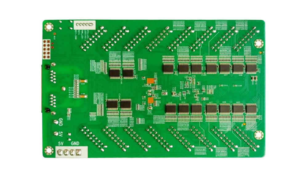 NV75162 - LED Display Module, LED Screen Controller and LED Video Processor Green printed circuit board with numerous surface-mounted components and edge connectors, viewed from the back (complex electronics layout)