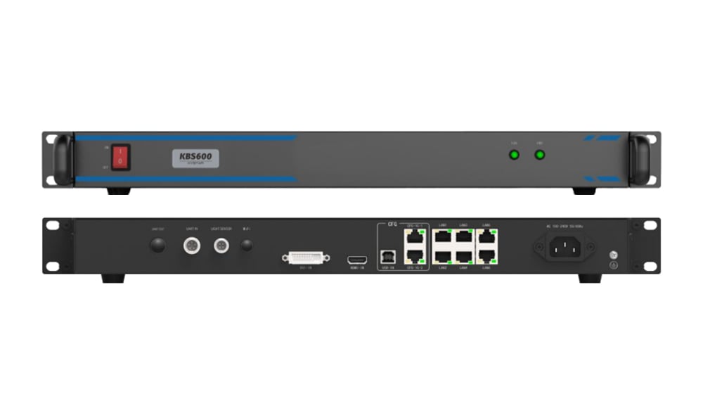 KBS600 1U rack-mount network appliance; front panel shows a red power switch and two green status LEDs with blue accents, viewed from the side. (Front view)