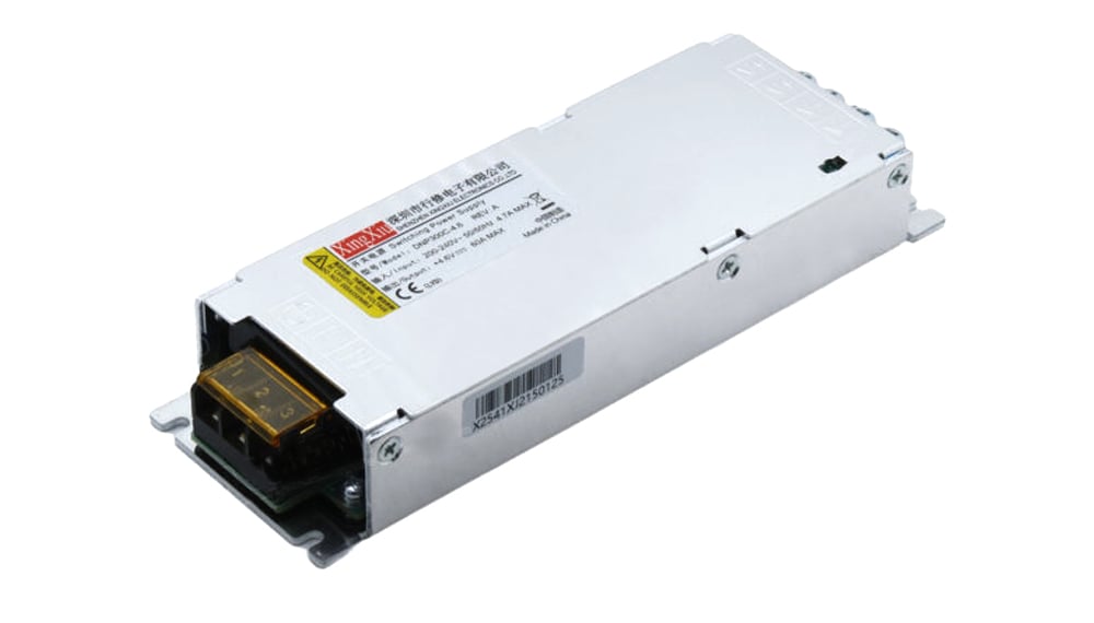 Metal enclosed switching power supply module with a yellow terminal block at the front, shown at an angle.
