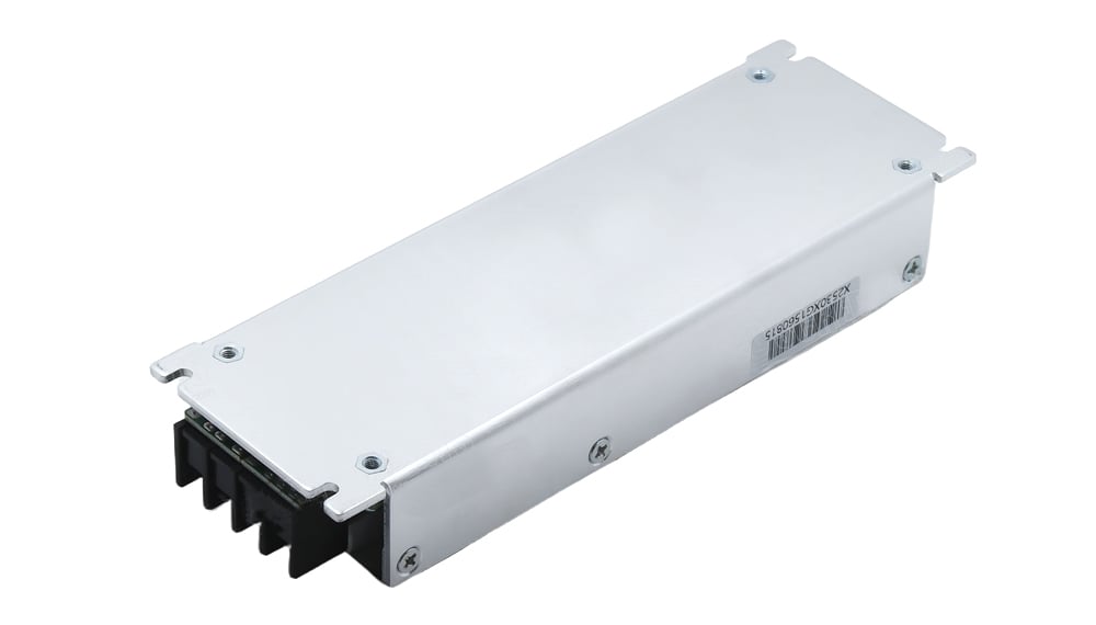 DSP200K-46-GU2 - LED Display Module, LED Screen Controller and LED Video Processor Silver rectangular industrial power supply module with a black multi-pin connector on one end and mounting tabs on the corners; barcode sticker on the side