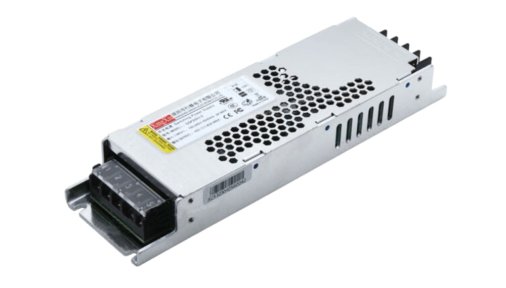 Metal enclosure switching power supply with a multi-pin terminal block and vented top panel for cooling.