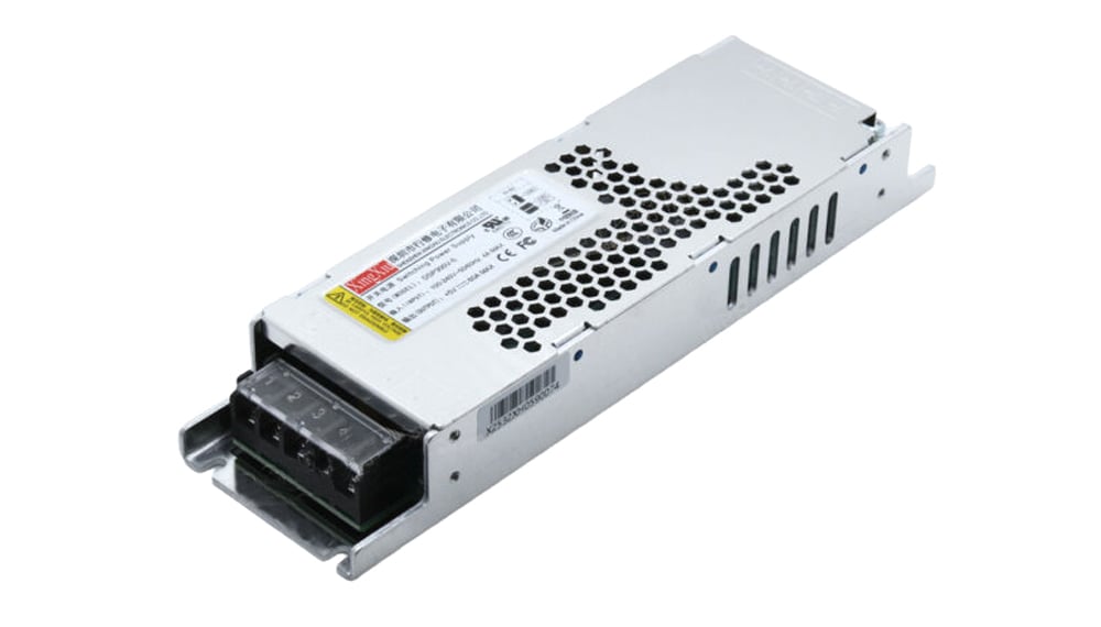 Silver metal DC power supply module with ventilation holes and a black terminal block at the front.