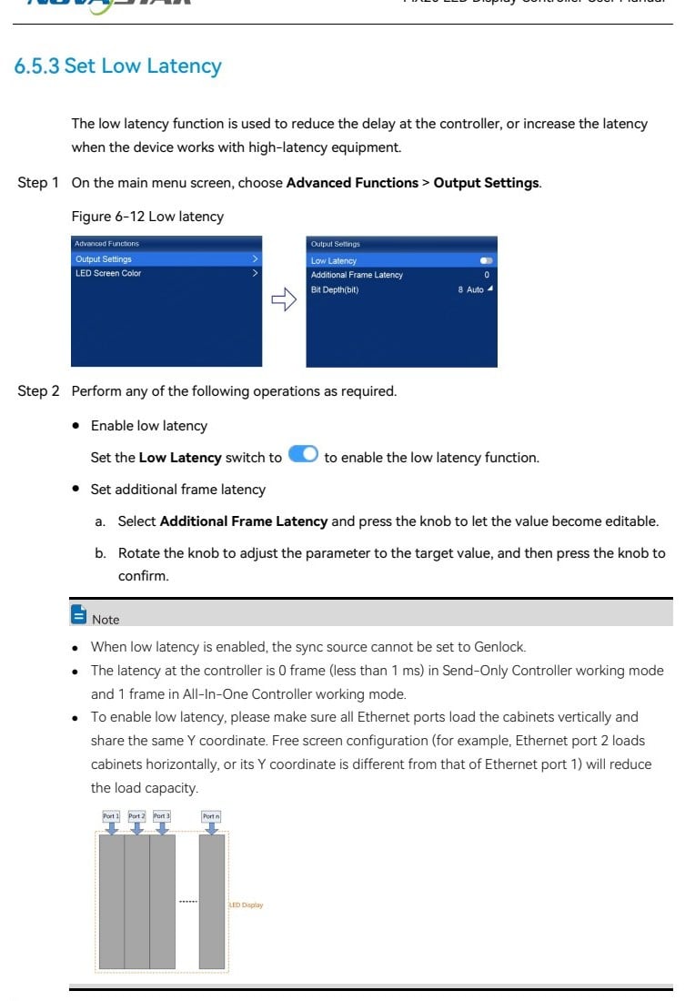 NovaStar MX20 Low Latency output settings and vertical Ethernet port loading